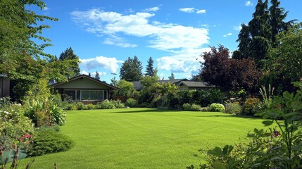 Fototapeta premium A well-watered green lawn and garden, showing healthy plants thanks to an automated irrigation system.