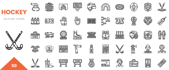 Collection of hockey-themed outline icons, showcasing various elements of the sport.