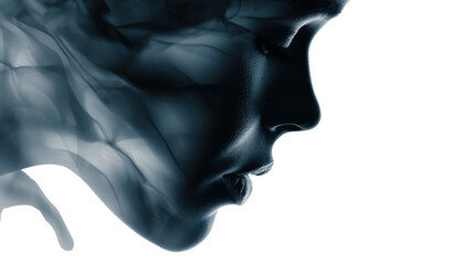 Woman face in profile emerging from flowing abstract smoke, double exposure concept capturing ethereal vision, transparent background