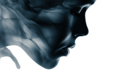Woman face in profile emerging from flowing abstract smoke, double exposure concept capturing ethereal vision, transparent background