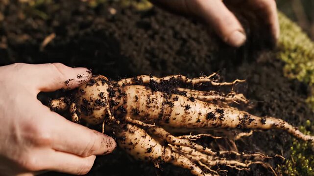 Roots of Vitality Inspecting Freshly Harvested Ginseng
