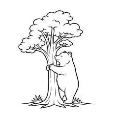 Bear Hugging Tree Black and White Illustration