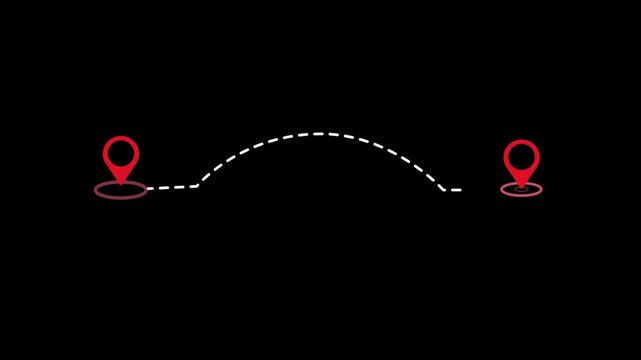 Animation two location point Pins Connected by dashed line on black background ,suitable to navigation  route map pointer and  pointer. alpha channel only 4k