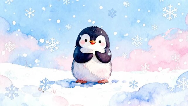 hand painted watercolor cartoon penguin soft edges winter snowy scene gentle pastel background illustrator style perfect for penguin awareness day
