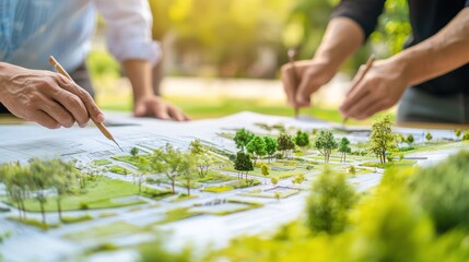 A team of landscape architects working on a blueprint for a park renovation.