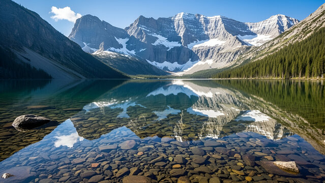 Scenic landscape of Lake Louise in Banff National Park and Mount Cook National Park featuring snow-covered mountain peaks reflected in glacier water under a winter sky - Powered by Adobe