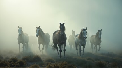 Wild Horses Running Through Foggy Field