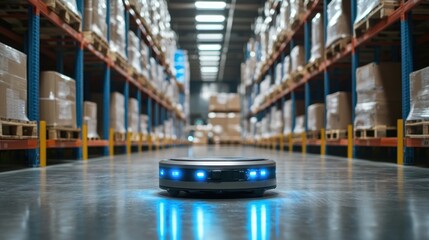 A fully automated warehouse with robotic systems managing inventory, picking, and sorting goods