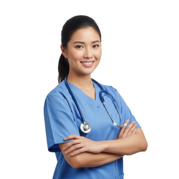 Asian female nurse in blue scrubs with stethoscope, confident pose isolated on transparent background