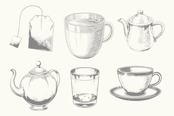 hand drawn tea set engraving style illustration. Eps 10