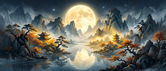 Traditional Chinese Landscape Painting of Misty Mountains, Lake, and Full Moon at Night, 21:9, Wallpaper