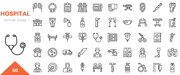 A collection of 50 hospital outline icons showcasing medical equipment and healthcare symbols.