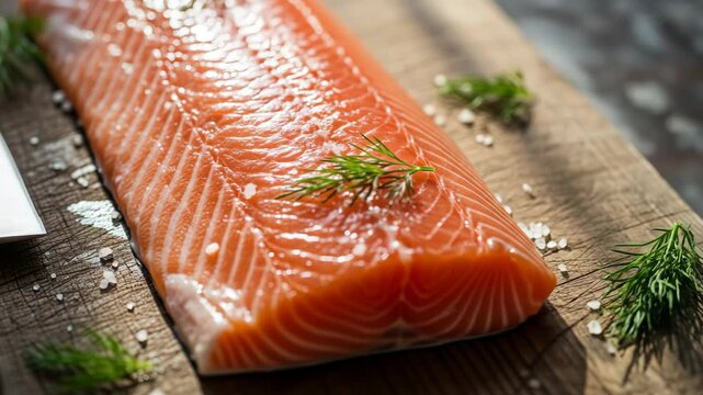 Fresh Salmon Fillet on Wooden Board with Knife and Herbs.