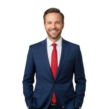 Smiling businessman in a blue suit and red tie with hands in pockets isolated on transparent background