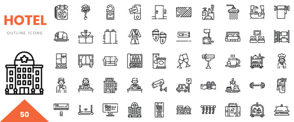 A collection of hotel outline icons showcasing amenities and services.