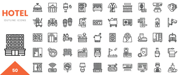 A collection of hotel-themed outline icons showcasing various amenities and services.