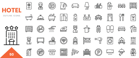 Collection of hotel outline icons including amenities and services, ideal for hospitality design.