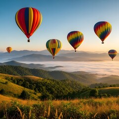 Obraz premium Colorful hot air balloons floating over a misty landscape at sunrise