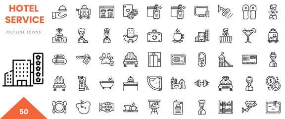 A diverse collection of hotel service icons, featuring amenities and services in outline style.