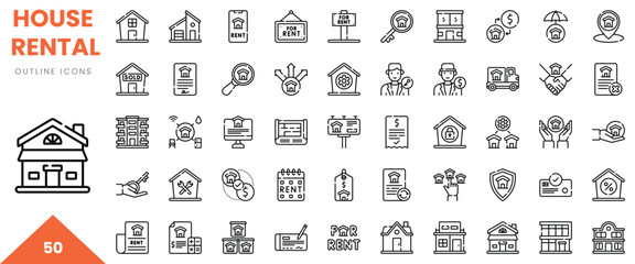 A collection of outline icons representing house rental services and processes.
