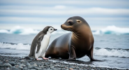 A sea lion and a penguin interact on a rocky beach with waves in the background, captured in a