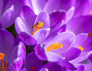 Close-up of vibrant purple crocus flowers, with bright yellow stamens