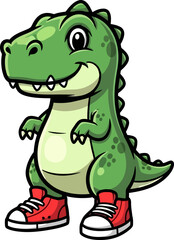 smiling trex cartoon with red sneakers strikes a friendly pose