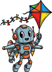 happy robot soars with vibrant kite, embracing skyward adventures playfully