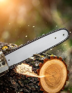 Close-up of chainsaw cutting through wood with flying sawdust