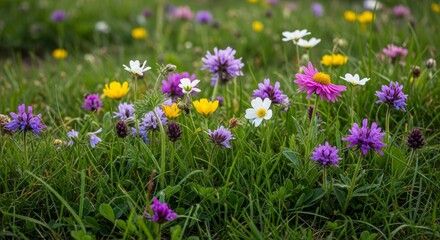 Fototapeta premium Close-up of Vibrant Wildflower Meadow in Lush Green Grass