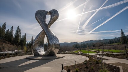 Abstract Stainless Steel Sculpture Twisting in a Sunny Outdoor Park with Blue Sky and Wispy Clouds