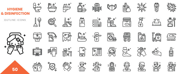 Set of hygiene and disinfection outline icons highlighting cleanliness and safety practices.
