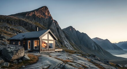 Remote Norwegian Cabin on Rocky Slope at Golden Hour