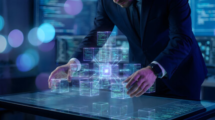Professional managing complex data structure with glowing holographic cubes in future office