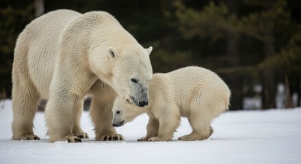 Fototapeta premium A large adult polar bear gently interacts with a smaller cub on a snowy ground in a forest.