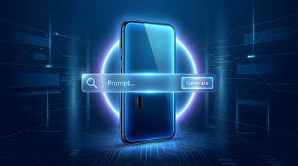 Futuristic glowing smartphone upright in dark blue cyber tech environment with digital prompt interface for generate ia, showcasing advanced technology and innovation concept