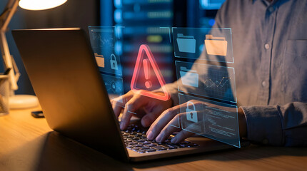 Urgent data breach alert flashes over hacker typing on laptop in dark office