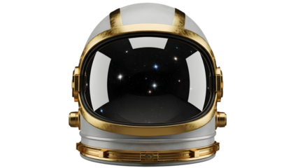 Stunning astronaut helmet with luxurious gold accents reflecting a vibrant star filled galaxy against deep black