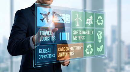 Interactive Corporate Digital Interface Displaying Mixed Travel and Sustainability Dashboard for Global Business Operations and Carbon Footprint Analysis