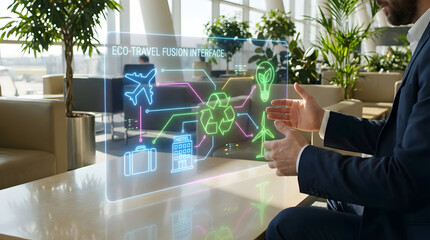 Businessman Interacting with Eco-Travel Fusion Interface for Green Tourism Technology in Modern Office Environment