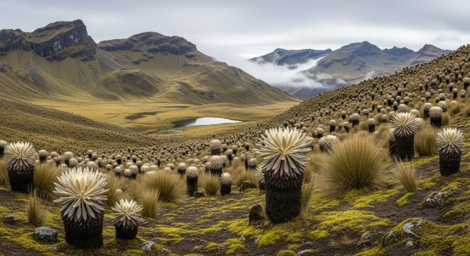 Andean P&aacute;ramo Landscape with Unique Frailejones Plants and High Mountain Scenery