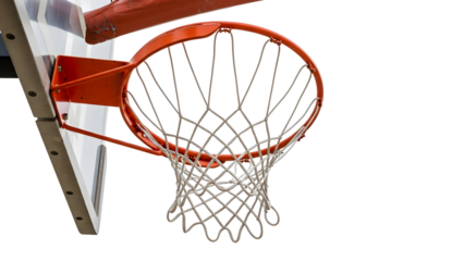 Close up view of a vibrant orange basketball hoop and clean white net isolated against a stark black background