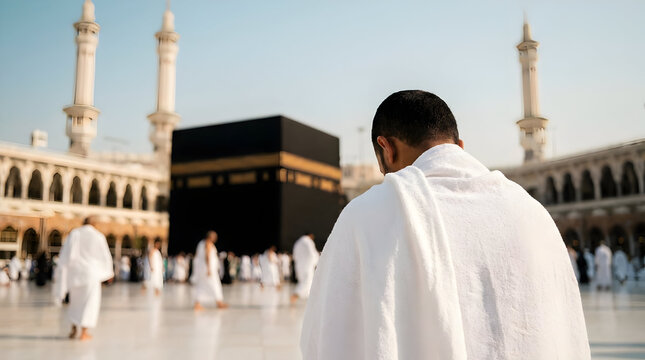 Spiritual Reflection of Pilgrims at the Grand Mosque in Mecca during Sunrise, Cinematic View, Serene Religious Experience
