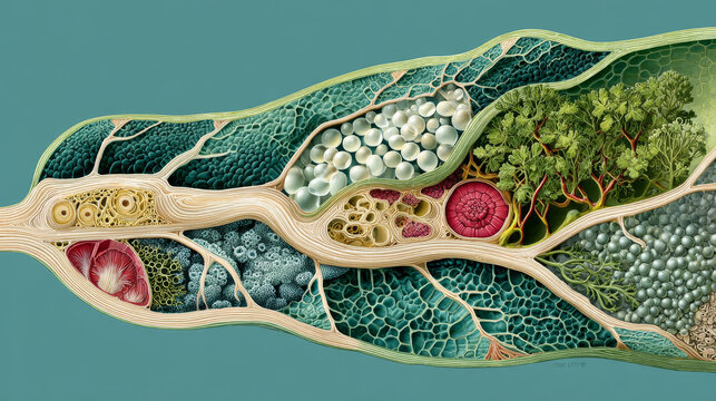 Cross section of leaf showing detailed mesophyll layers and vibrant cellular structures