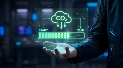 Futuristic Environmental Technology Demonstration with CO2 Reduction Interface in a Dark Tech Lab, Handheld Digital Visualization, Innovation Concept