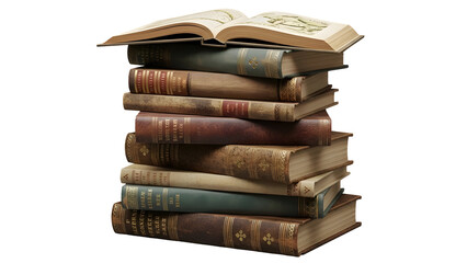 Stack of elegant antique leather bound books with one open volume showcasing old world knowledge and history