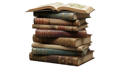 Stack of elegant antique leather bound books with one open volume showcasing old world knowledge and history