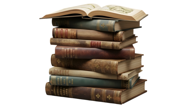 Stack of elegant antique leather bound books with one open volume showcasing old world knowledge and history - Powered by Adobe
