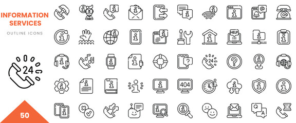 A collection of 50 outline icons representing information services, featuring various themes.