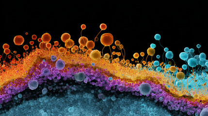 Colorful abstract representation of bacteria interacting with fibers, featuring vibrant orange, purple, and blue hues on black background